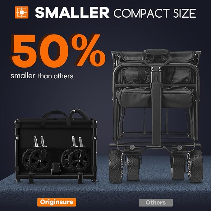 Originsure Collapsible Wagon Cart Foldable - Portable Heavy Duty Folding Beach Wagons with Wheels - Outdoor Utility Carts for Groceries, Shopping, Camping, Sports, Garden with Large Capacity - Black