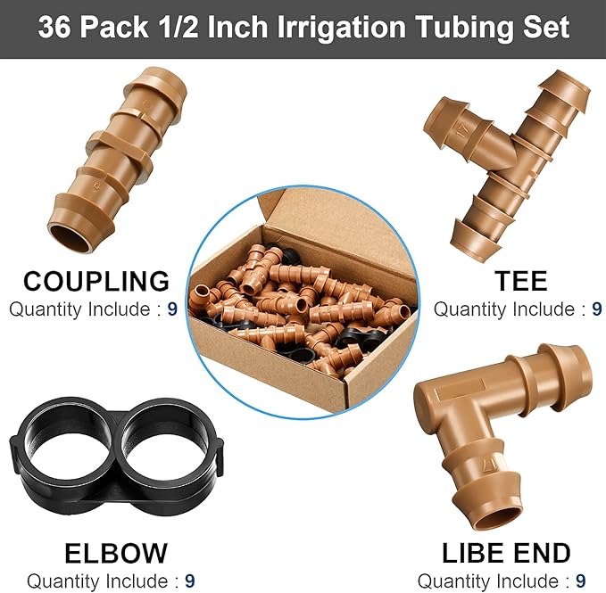 Outus Irrigation Tubing Fittings Drip Irrigation Parts Kit 1/2 Inch Tubing Fitting Set 36 Pieces Includes 9 Tees 9 Couplings 9 Elbows 9 End Cap Plugs Drip Barbed Connector for Sprinkler Systems Garden