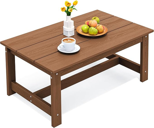 SERWALL HDPE Patio Coffee Table, Rectangle Outdoor Coffee Table, All-Weather Coffee Side Table for Balcony, Poolside, Deck, Garden, Brown
