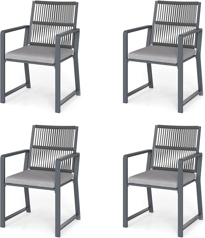 Outdoor Patio Wicker Rattan Dining Chairs, Heavy-Duty Wrought Iron Frame Supports 300lbs, Ergonomic Backrest, Detachable Breathable Cushion, for Garden & Porch, Dark Gray, Set of 4