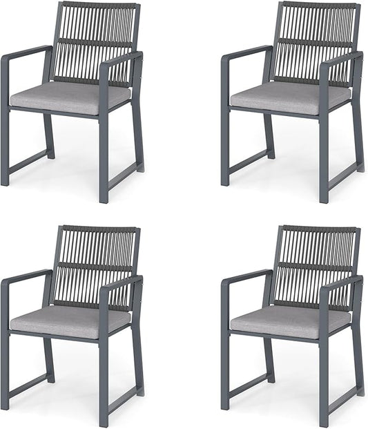 Outdoor Patio Wicker Rattan Dining Chairs, Heavy-Duty Wrought Iron Frame Supports 300lbs, Ergonomic Backrest, Detachable Breathable Cushion, for Garden & Porch, Dark Gray, Set of 4