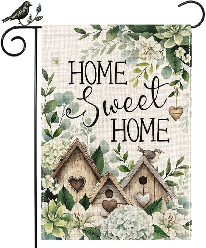 GEEORY Home Sweet Home Garden Flag 12x18 Inch, Hydrangea Eucalyptus Double Sided Spring Summer Decor, Farmhouse Rustic Outdoor Floral Flag Outside Yard Lawn Decoration