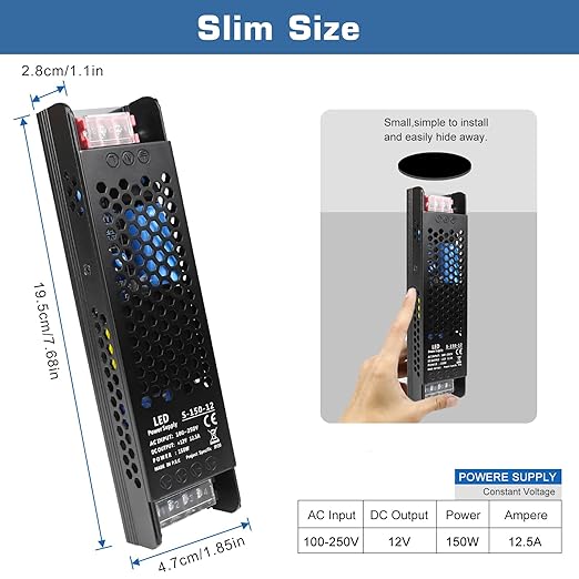 LED Driver 12V 150W 12.5A Slim LED Power Supply, AC 100-250V to 12V DC Adapter, Constant Voltage LED Transformer for Strip Lights, Bulbs, Garden and Cabinet Lights