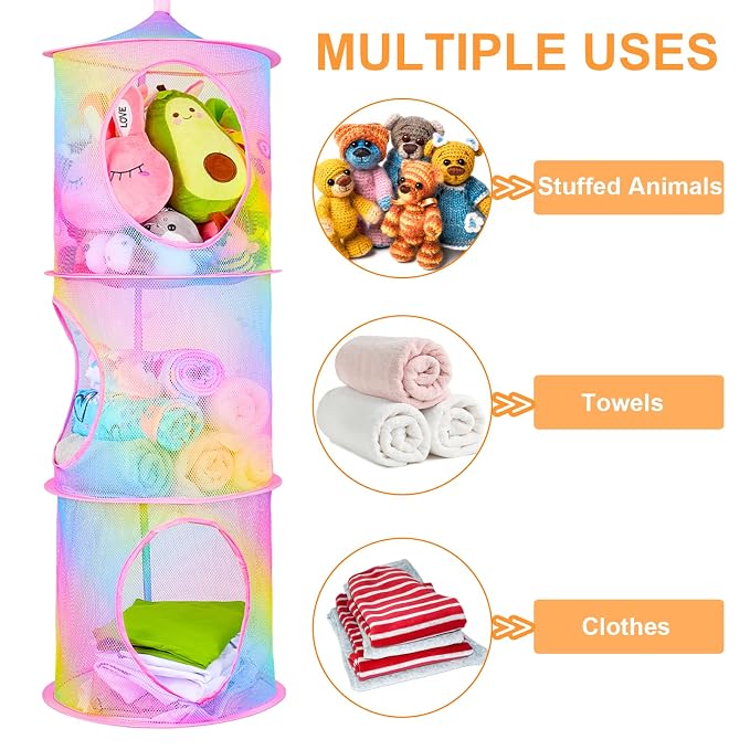 Basumee Hanging Stuffed Animals Storage, 2 Pack Mesh Plush Storage, 3-Tier