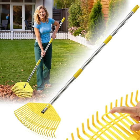 Leaf Rake - 16.5" Wide Nylon Plastic Head,65" Adjustable Handle,Heavy Duty for Leaves,Grass,Pine Needle,Mulch, Small Debris,Lawn-Friendly Tines,Lightweight for Women,Seniors & Kids