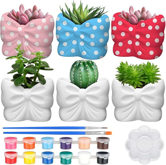 Beeveer 6 Sets Paint Your Own Coquette Bow Succulent Planter Ceramic Blank Unpainted Flower Pots DIY Paintable Porcelain Vase Kit for Kids Christmas Classroom Craft Project Activity Supplies