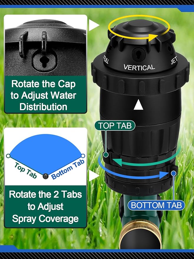 Adjustable Spray Coverage Sprinklers for Yard - Sturdy Aluminum Alloy Spike & 5 Spray Patterns Lawn Sprinkler, Efficient Irrigation System for Medium Large Garden Uneven Ground, 2 Pack