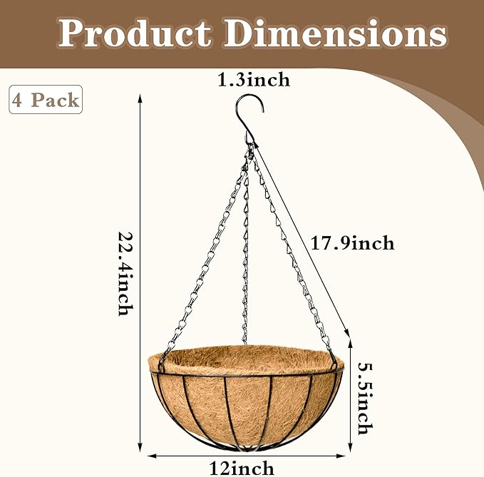 EIMQUVW 4 Pack Black Metal Round Hanging Basket 12 Inch Decorative Outdoor Coconut Fiber Planter with Chain Classic Hanging Flower Pots are Ideal for Gardens Patios Porches and Vertical Planting