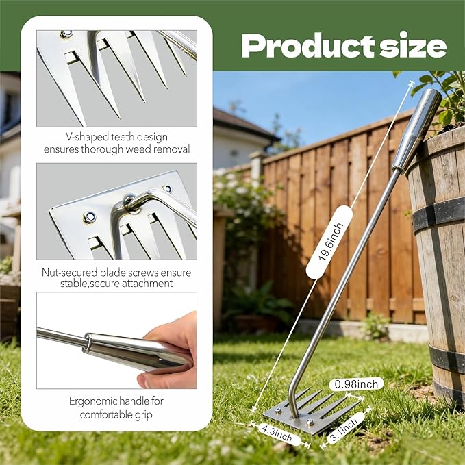 2Pcs Weed Puller Tool - 2026 Portable Manual Weeding Tools Gardening, 5 Teeth Head Stainless Steel Hand Garden Weeding Rake, Weed Remover Tool for Gardening Backyard Yard Farm Planting