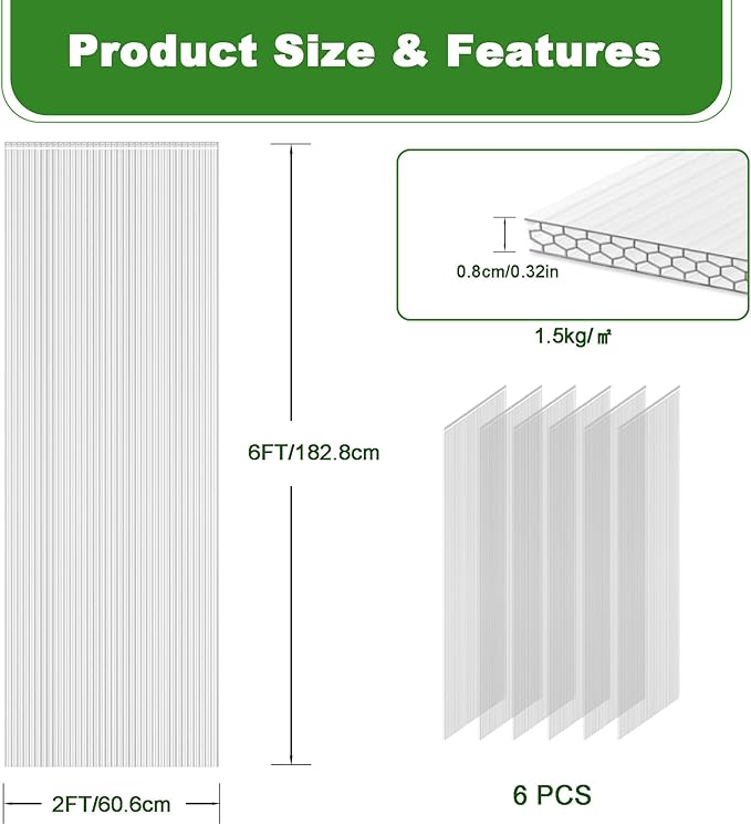 Quibbay 6PCS Polycarbonate Greenhouse Panels Sheets, 6' x 2' x 0.32'' Three-Layer Honeycomb Panels, UV Protected Corrugated Plastic Roof Panels, Clear Replacement Panels for Greenhouse Covering