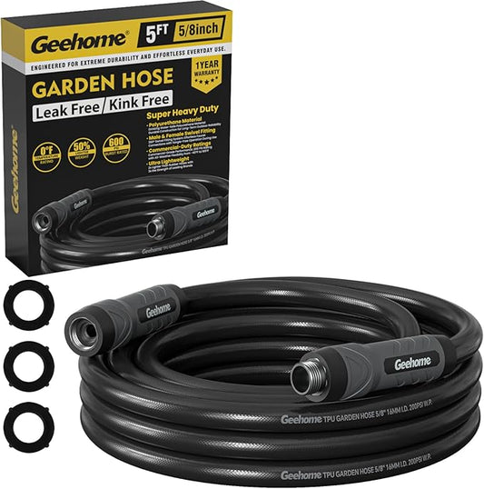 5ft Polyurethane Garden Hose, 5/8 in Lightweight Flexible Water Hose with Swivel Fittings, All-Weather, No-Kink Memory, Commercial Duty, Perfect for Home and Commercial Applications