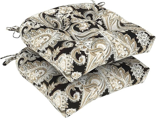 DYTXIII Set of 2 Outdoor Chair Cushions 19"x19"x4", Water Repellent Tufted Patio Seat Cushions with Ties, Thick Replacement Pads for Wicker Dining Chairs, Patio Furniture, Paisley Black