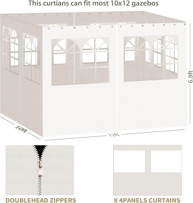 Gazebo Privacy Curtains 10' x 12' with PVC Windows, 4-Panels Side Wall with Zipper Universal Replacement for Patio, Outdoor Canopy, Garden and Backyard, Beige