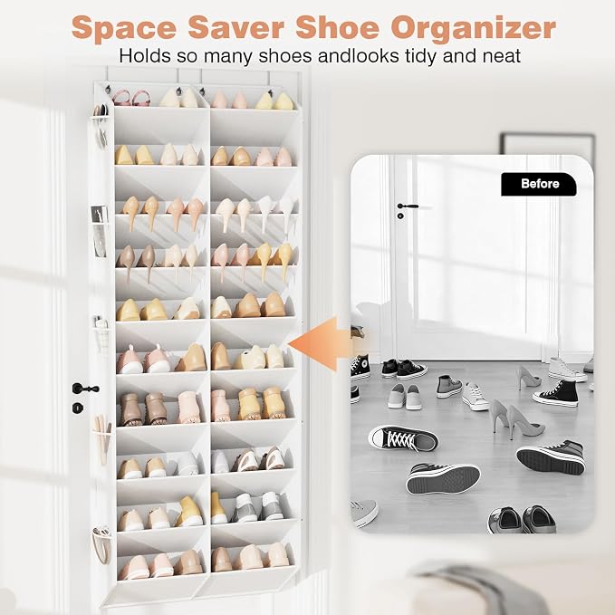 LANTEFUL Over the Door Shoe Organizer, Hanging Shoe Rack for Closet Door Shoe Storage for 30 Pairs Sneaker and Boots, Large Shoe Holder for Door with 10 Side Pockets, Space Saving, White