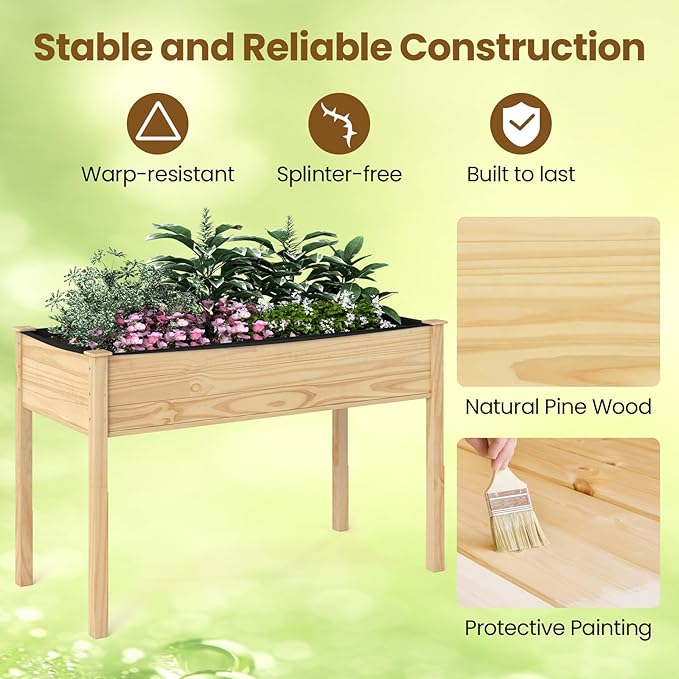 S AFSTAR Wooden Raised Garden Bed with Legs, Planter Box with Liner & Drainage Holes for Vegetable Flower Herb, Indoor Outdoor Elevated Gardening Box for Backyard Patio Balcony