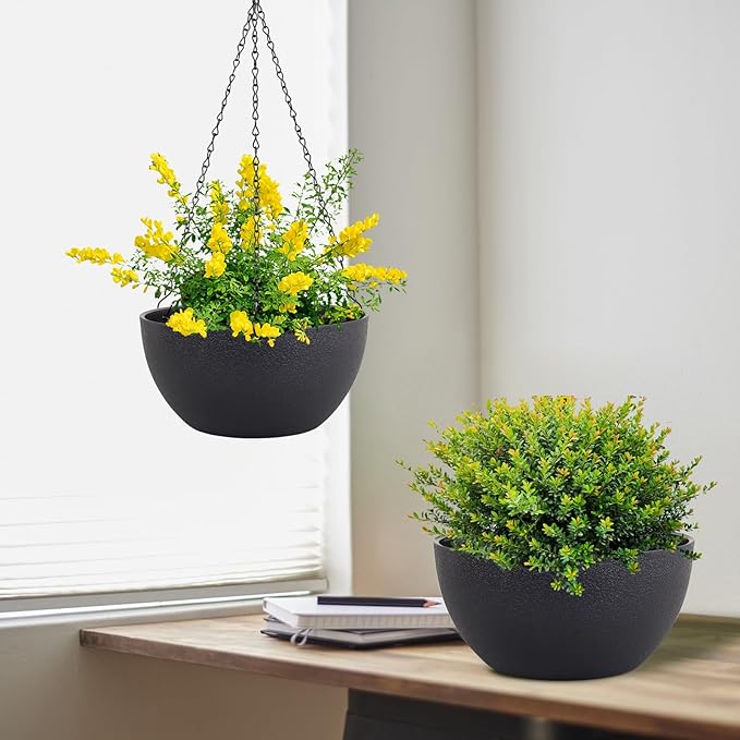 Meowell 12 inch Large Hanging Planters for Indoor Outdoor Plants, 2 Pack Hanging Flower Pots with Drainage Holes and Chain for Garden Porch, Plastic Hanging Baskets for House Plants, Black