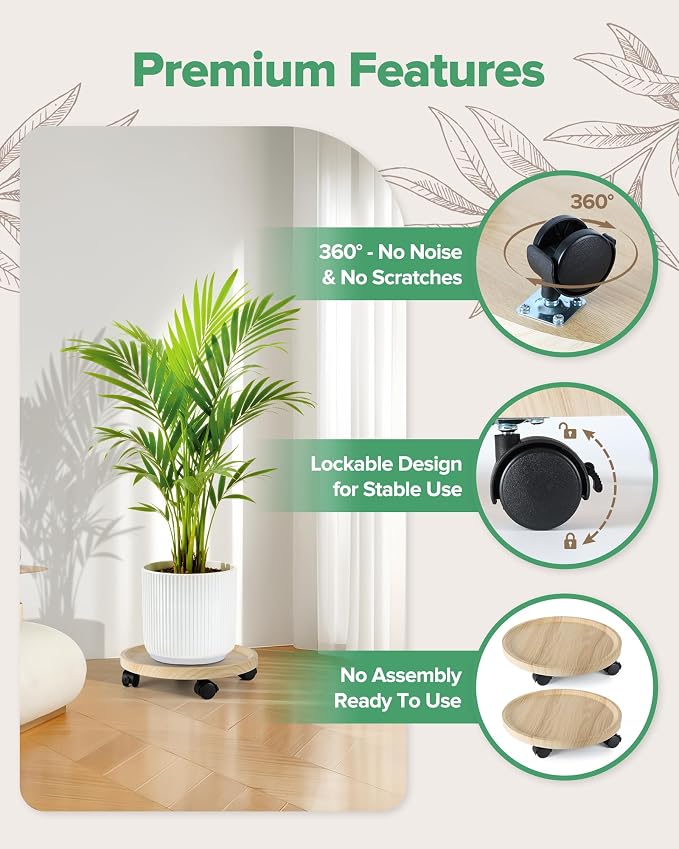 2 Pack Plant Caddy With Wheels, 14" Wood Rolling Plant Stand with 360° Lockable Wheels, Plant Stands Outdoor for Large Plants, Flower Cart Plant Dolly Plant Caster for Heavy Objects, Natural