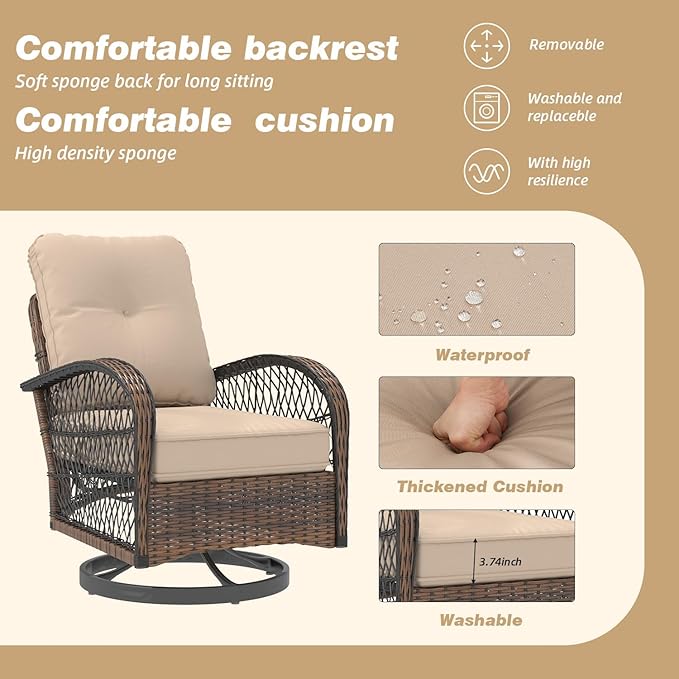 MELLCOM 3 Pieces Patio Furniture Set, Outdoor Swivel Rocker Patio Chairs, Wicker Patio Bistro Set with Rocking Chair, Thickened Cushions and Glass Coffee Table for Backyard, Garden, Khaki