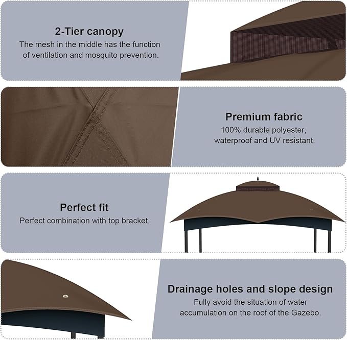 10x12 Gazebo Canopy Replacement Top Cover, Double Tiered Waterproof Canopy Roof for Lowe's Allen Roth Gazebo #GF-12S004B-1