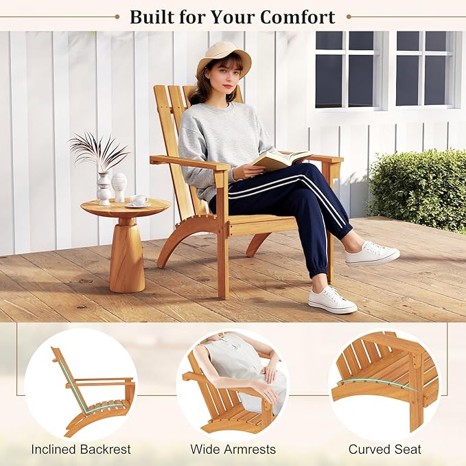 Tangkula Outdoor Adirondack Chair, Solid Acacia Wood Fire Pit Chair with Inclined Backrest, Curved Seat & Wide Armrests, Wooden Lawn Chair for Porch, Patio, Garden, Backyard, Deck (1, Natural)
