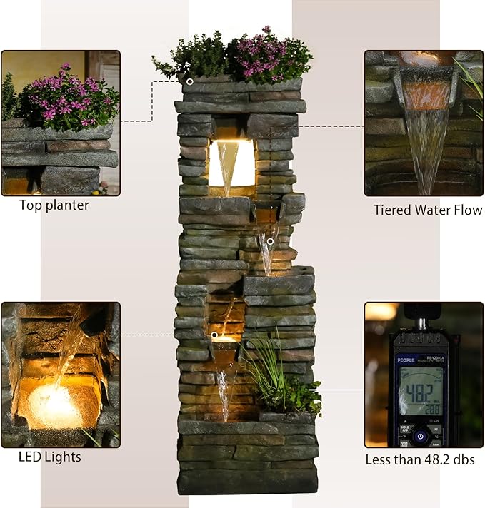 Tankana 60 inches Large Outdoor Water Fountain Waterfall — Garden Rock Fountains 4-Tiered Waterfalls Outdoor with Lights Natural Stone Look Hollow Fountain for Patio Pool Porch Backyard, Stone Gray