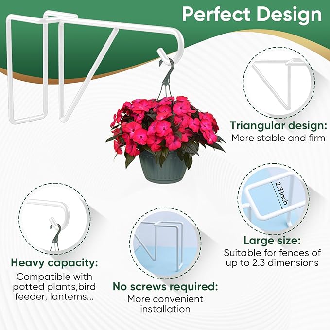 4 Pack Vinyl Fence Hooks, Heavy Duty Durable White Fence Plant Hangers for Outdoor, Over The Fence Hooks, Patio Hooks for Hanging Plants, Flower Baskets, Bird feeders, Lights, Pool Equipment