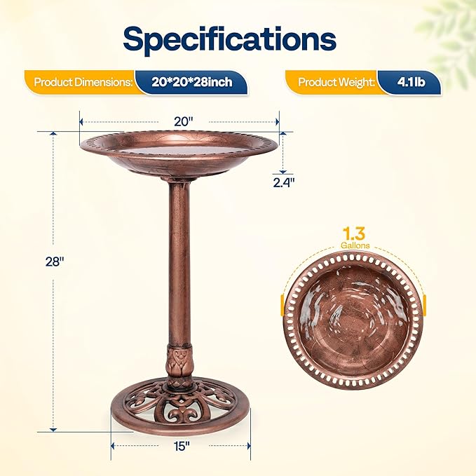 VIVOHOME Bird Bath for Outside, Polyresin Pedestal Bird Baths for Outdoor, Garden, 28 Inch Height Weather-Resistant Birdbaths with 20" Bowl, Bronze