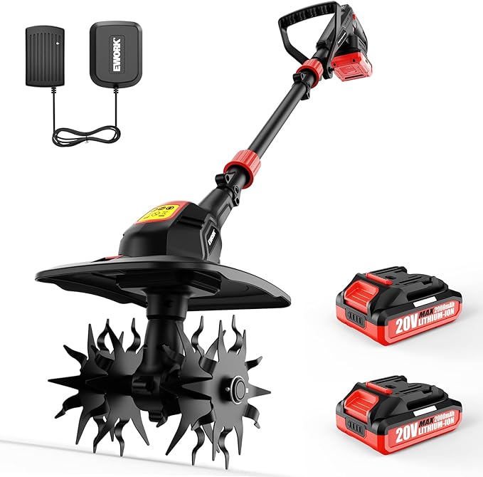 EWORK 20V Cordless Tiller Cultivator with 2×2.0Ah Batteries & Fast Charger,9" Width 7" Depth Electric Garden Rototiller for Yard Lawn Soil Cultivation