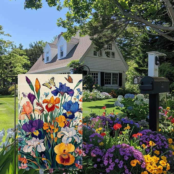 Iris Garden Flag 12x18 Double Sided, Spring Floral Welcome Yard Decor, Farmhouse Outdoor Flag for Lawn Patio Porch