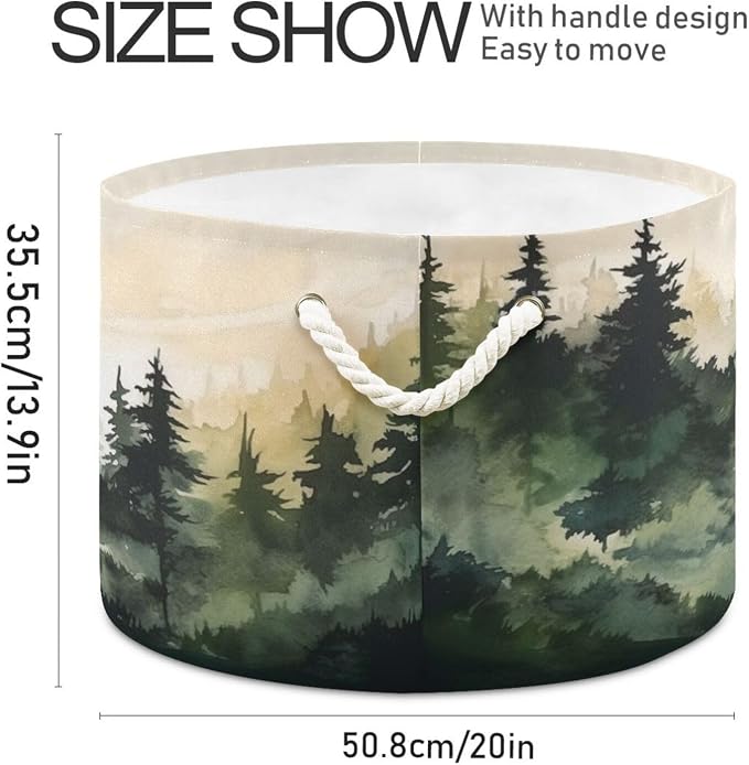 Green Forest Print Round Storage Basket Collapsible with Handle