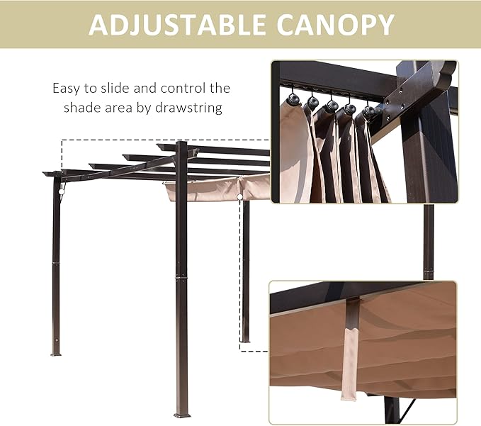 Outsunny 10' x 13' Aluminum Patio Pergola with Retractable Pergola Canopy, Backyard Shade Shelter for Porch, Outdoor Party, Garden, Grill Gazebo, Brown