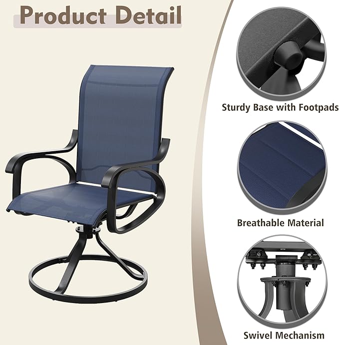 Patio Swivel Chairs Set of 2, All Weather Outdoor Rocking Chair with Textilene Breathable Back, Metal Frame, Patio Dining Chair for Backyard, Garde, Porch and Deck (2, Dark Blue)