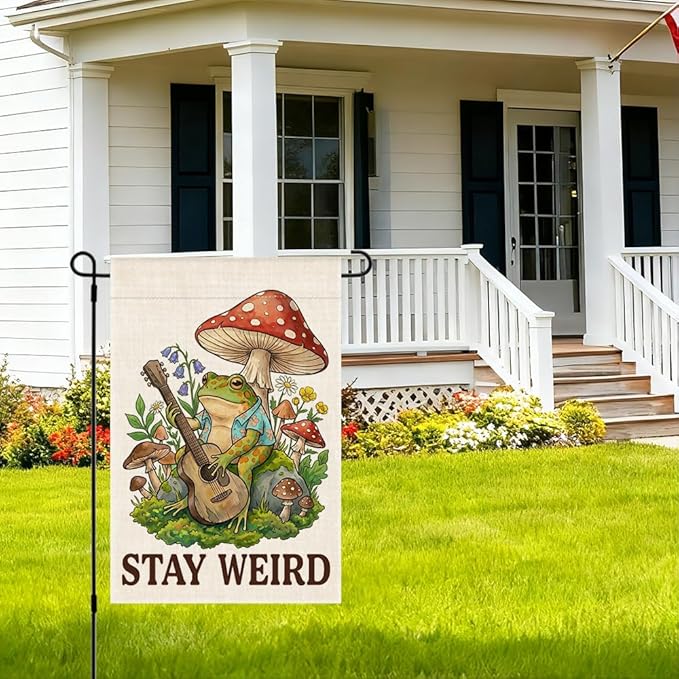 RZHV Stay Weird Double-Sided Garden Flag for Outdoor House Yard Sign Garden Decor Parade, Cute Frog Mushrooms Vertical House Lawn Yard Sign, Housewarming Banner Gifts for Frog Lover Friends Neighbors