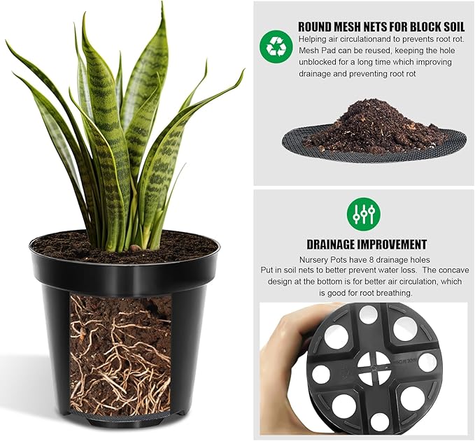 RooTrimmer 40 Pack 4 Inch Plant Nursery Pots with Mesh Pad, Sturdy Plastic Flower Planter Pots with Drainage Holes, Seed Starter Pots for Planting Seedings Cuttings Succulents Indoor Ourdoor, Black