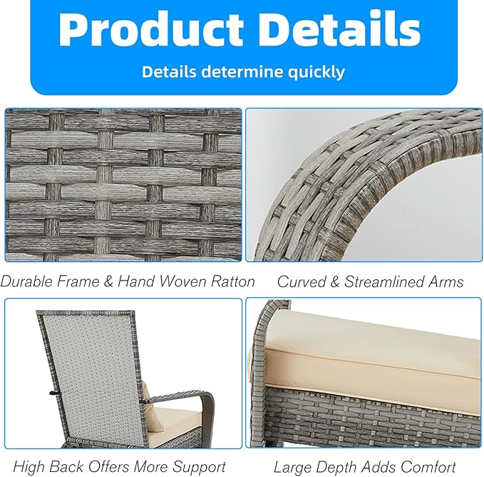 AECOJOY Outdoor Dining Chairs, Outdoor Patio Adirondack Rattan Chair with Cushion and Pillow for Garden,Backyard,Porch, Grey