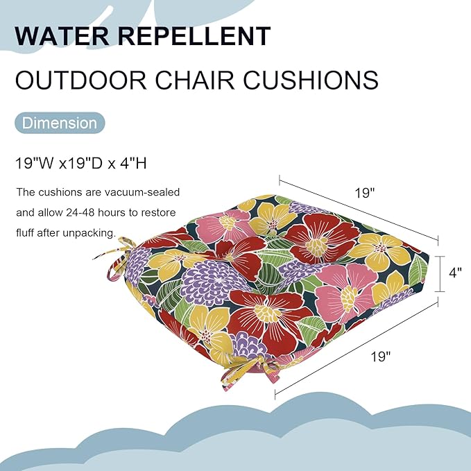 DYTXIII Set of 2 Outdoor Chair Cushions 19"x19"x4", Water Repellent Tufted Patio Seat Cushions with Ties, Thick Replacement Pads for Wicker Dining Chairs, Patio Furniture, Flower Bloom