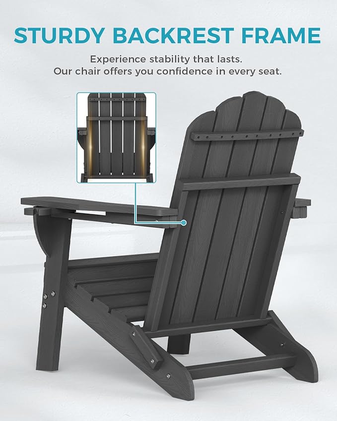 Adirondack Chairs Set of 2, Wood Texture Fire Pit Chairs, Plastic Adirondack Chairs with 2 Cup Holder, Outdoor Lawn Chair for Patio Garden, Dark Grey