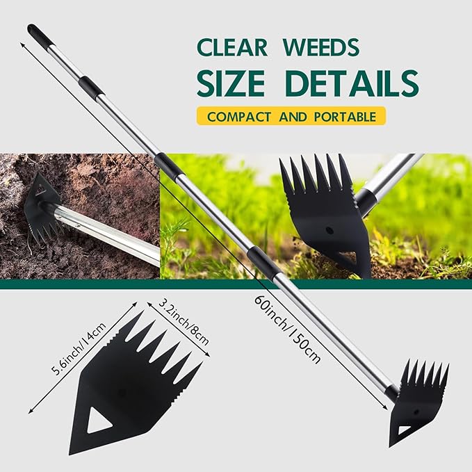 Long Handle Weeding Garden Rake - 2-in-1 Manual Weed Puller Tool with Manganese Steel Head Stand Up Weeder Remover for Lawn Yard Patio Heavy Duty Hand Rake Hoe Combo for Dandelion Removal