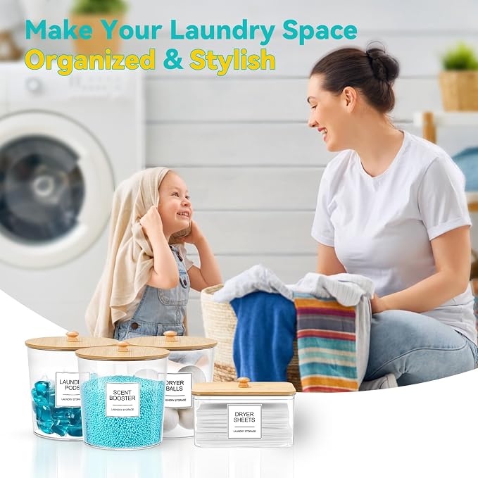 Laundry Pods Container & Dryer Sheet Holder, Laundry Room Organization and Storage Jars with Lids, Labels & Scoops for Powder Detergent Scent Booster