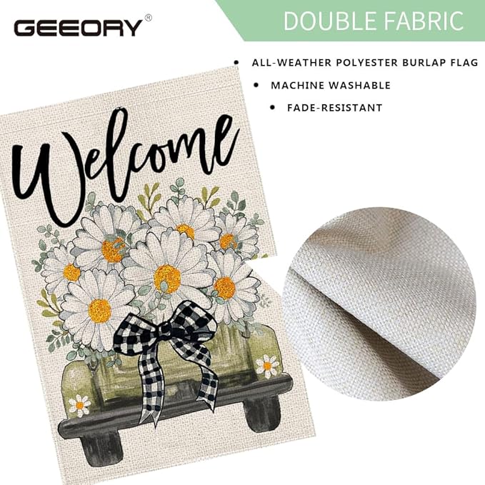 GEEORY Daisy Eucalyptus Truck Welcome Garden Flag 12x18 Inch, Double Sided Spring Summer Small Floral Flag, Farmhouse Rustic Outdoor Outside Yard Lawn Decoration
