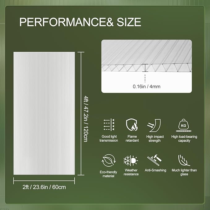 UMIG 12 PCS 4' x 2' x 0.16'' Polycarbonate Greenhouse Panels, Twin-Wall Waterproof UV Protected Corrugated Plastic Roof Panels Sheets, Clear Replacement Panels for Greenhouse, Outdoor, Plant