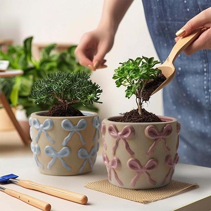 Ceramic Flower Pots for Indoor and Outdoor Plants, Succulent Orchid Round Clay and Terracotta Planter for Garden Home Modern Decoration 5.3 Inch (Pink Bow, Without Saucers)