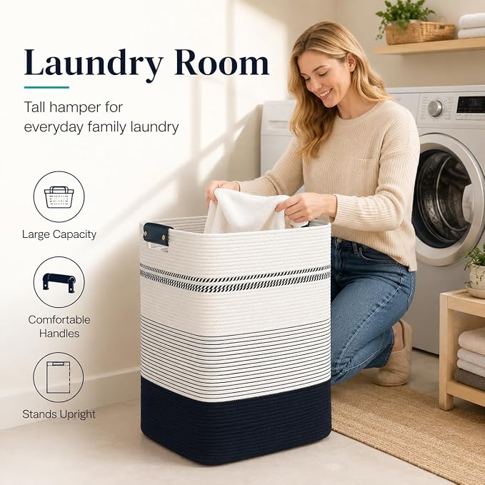 Laundry Hamper, Cotton Rope Laundry Basket with Leather Handles, 25.1-Gallon/95 L Large Clothes Hampers for Laundry, Woven Laundry Baskets for Blankets, Clothing, Bedroom, Living Room, Nursery