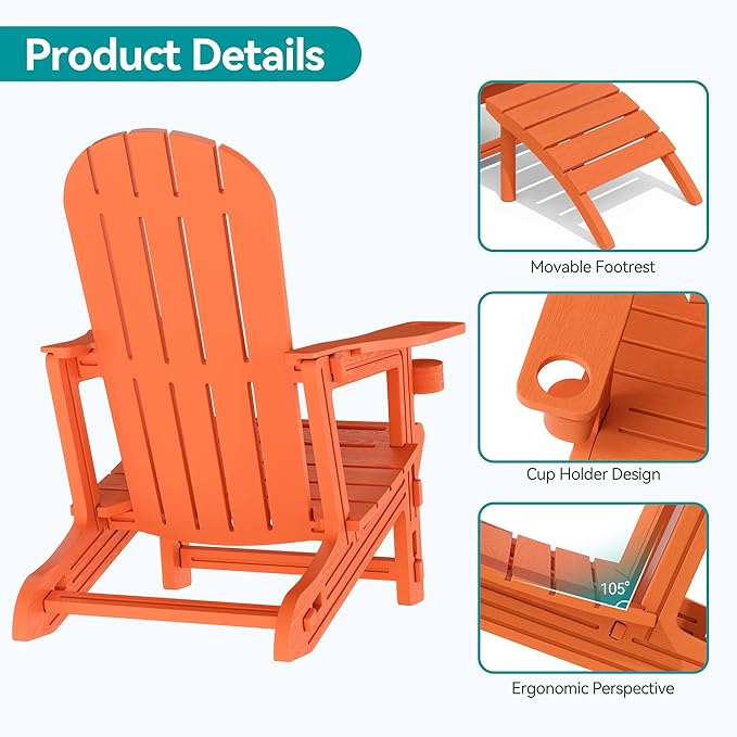 Vongrasig Adirondack Chairs Set of 2 with Removable Tabletop and Footrest, HDPE Plastic Outdoor Chair Set with Wooden Textured, Cup Holder for Patio, Poolside, Garden, Orange, 5 Pieces