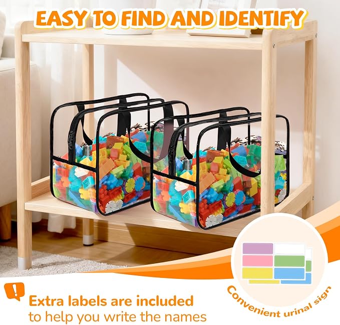 8 Packs Black Widen X-Large Toy Storage Bags 12.6×9.25×6.9In with Labels, Reusable Clear PVC Board Game Storage, Travel Waterproof Organizer Bags with Zipper for Building Blocks, Puzzle