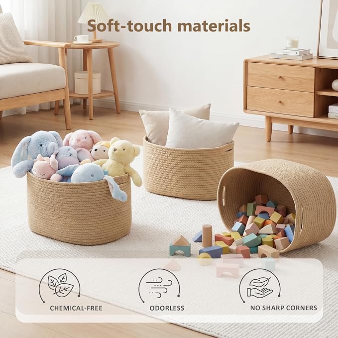 ECDYQXVU 15x10x9 Inch Woven Cotton Rope Storage Basket, 1 Pack | Foldable Design, Built-in Handles, Space-saving Organizer for Living Room, Bedroom, Laundry, Shelves, Clothes, Towels