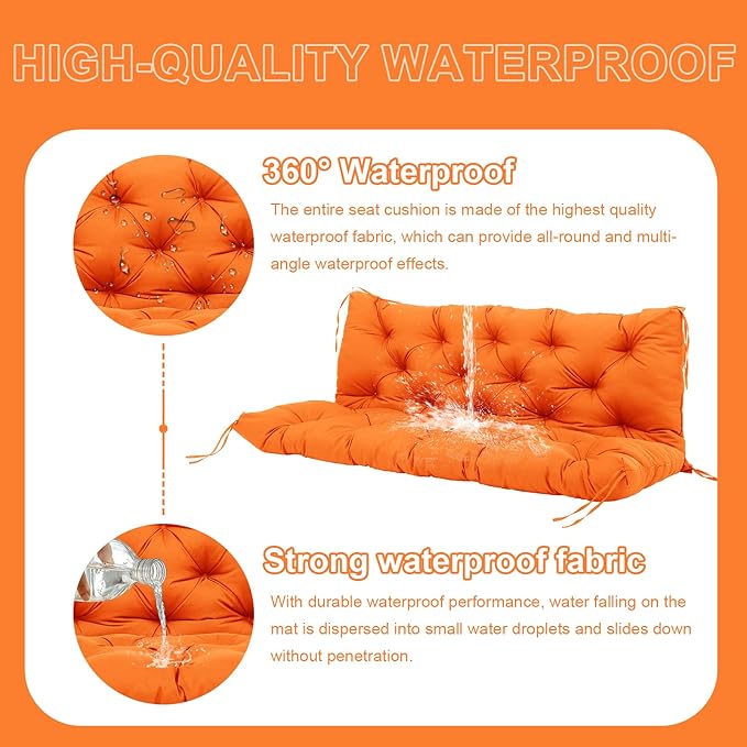 Premium 5" Thick Waterproof Porch Swing Cushions Sturdy Durable 3 Seat Replacement Outdoor Swing Cushions with Backrest&Ties Bench Cushion for Outdoor Furniture Backyard Patio Garden（Orange）