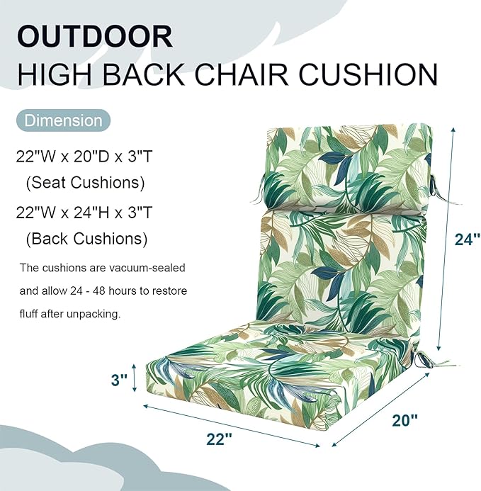 DYTXIII Outdoor High Back Chair Cushions Set of 2, 44"x22" Water Repellent Patio Seat Cushions with Elastic Sponge, All Weather Chair Pads for Rocking, Dining Chairs, Patio Furniture - Lush Leaf Green