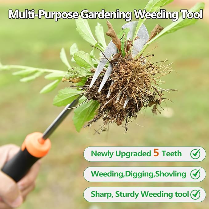 Weed Puller Tool，2026 New Garden Weeder Tool Stainless Steel Hand Weeder Tool,5 Teethes Dual Purpose Weed Remover Tool Weeding Tools for Gardening (Rubber Handle)