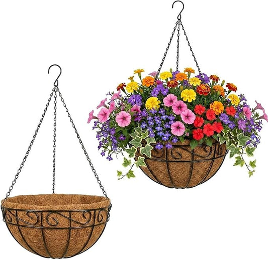 2 Pack Hanging Baskets for Plants Outdoor 12 Inch Metal Hanging Planters with Coco Coir Liner, Round Hanging Flower Pots for Home Garden Patio Balcony Porch